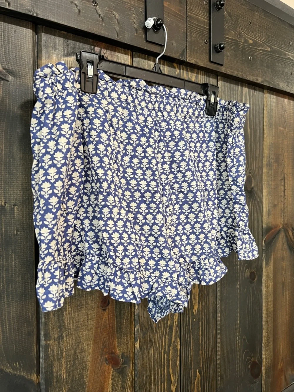 J. Crew Ruffle Shorts XL‎ Floral Blue Cream Drawstring Boho Casual High Waist